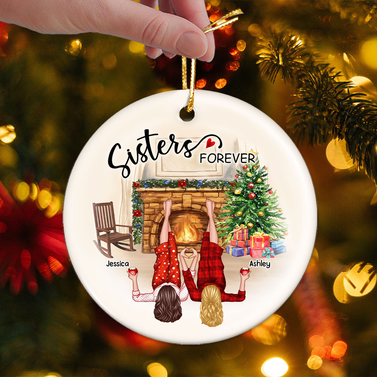 Sisters Besties By The Fireplace Personalized Ceramic Ornament, Christmas Gift for Besties, Sisters