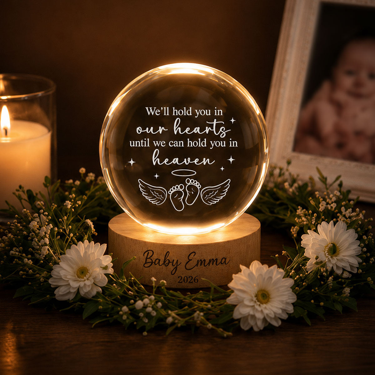 Baby Loss Memorial - Personalized Crystal Ball LED Night Light - Miscarriage Grieving Gift, Angel Baby Memorial Gifts