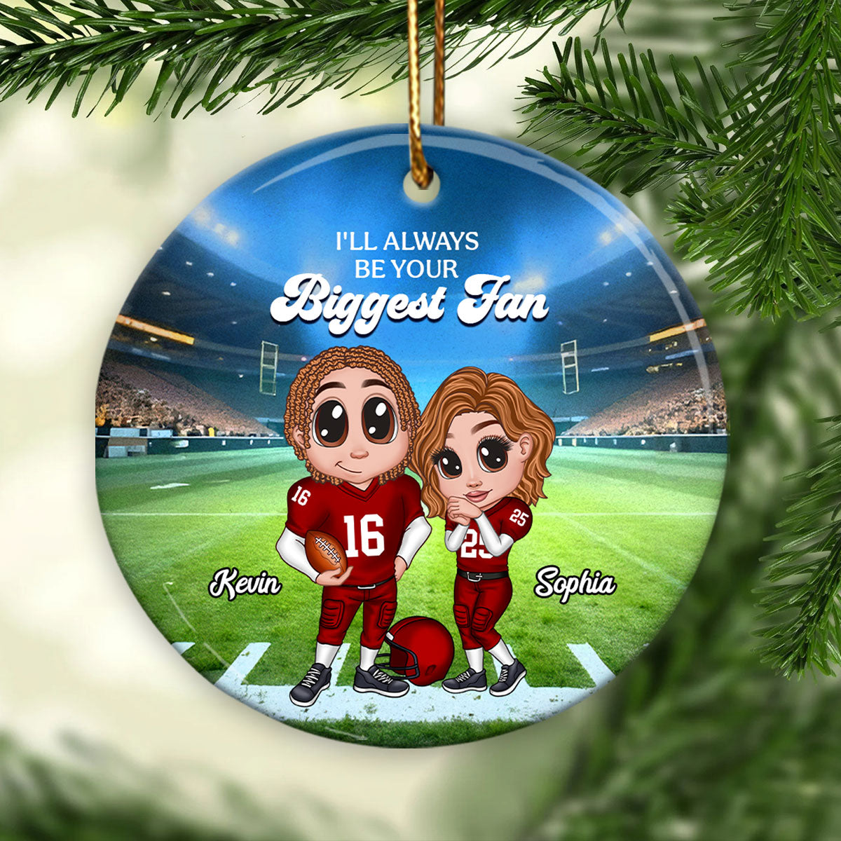 Always Your Biggest Fan American Football Couple Y2K Style Personalized Circle Ceramic Ornament