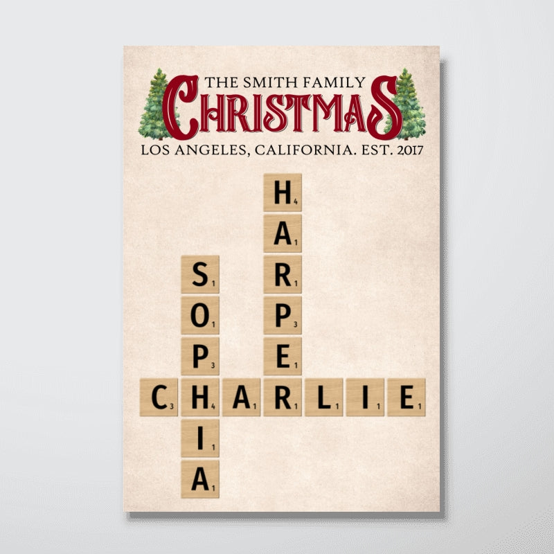 Family Rustic Christmas Crossword Puzzle Art Family Bond Personalized Poster, Christmas Decor