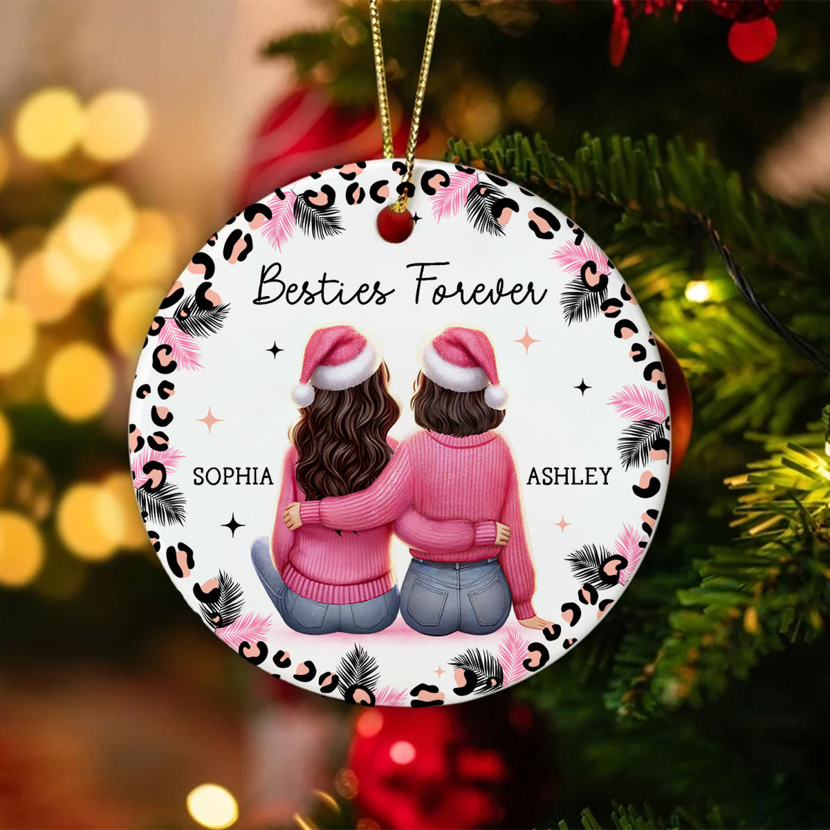 Personalized Christmas Bestie Pink Leopard, Best Friend Ornament, Friendship Ornament