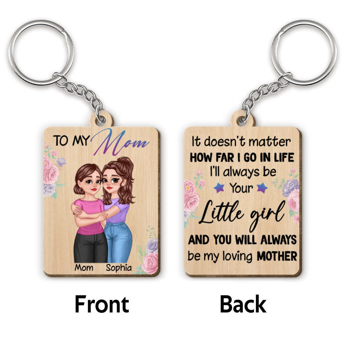 To My Mom Gift For Mom From Daughter Hugging Cartoon Mother Daughter Personalized Wooden Keychain