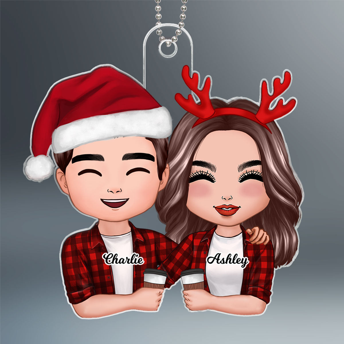 Doll Couple Hugging Holding Drinks Christmas Gift For Him For Her Personalized Acrylic Ornament