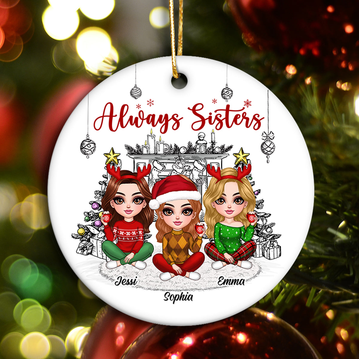 Christmas Outline Background Lovely Besties Personalized Ceramic Ornament