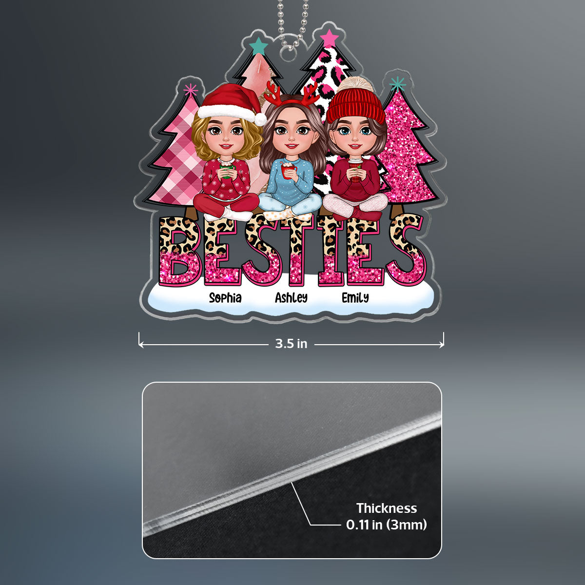 Pink Leopard Christmas Tree Doll Besties Sitting Personalized Acrylic Ornament