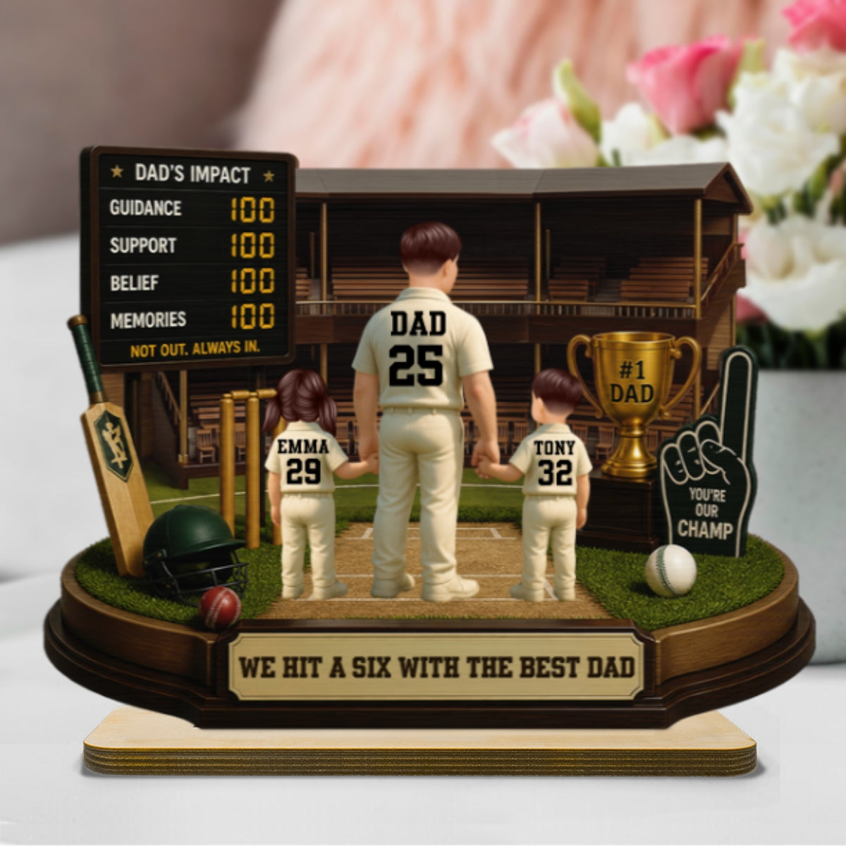 Hit A Six With The Best Dad Cricket Dad - Personalised 2-Layered Wooden Plaque - Father's Day Gift For Husband, Dad
