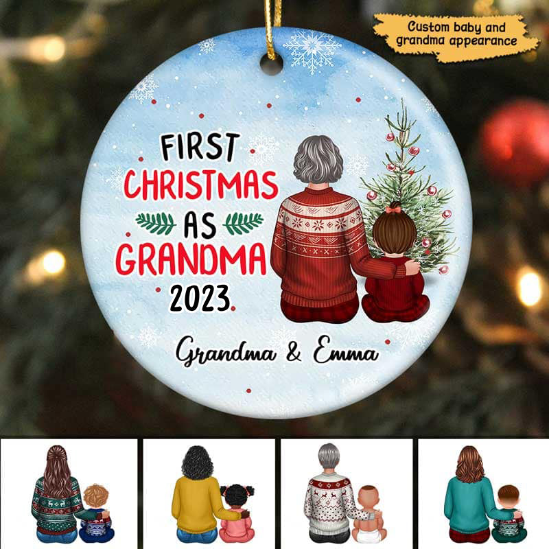 First Christmas As Grandma New Born Baby Personalized Circle Ornament