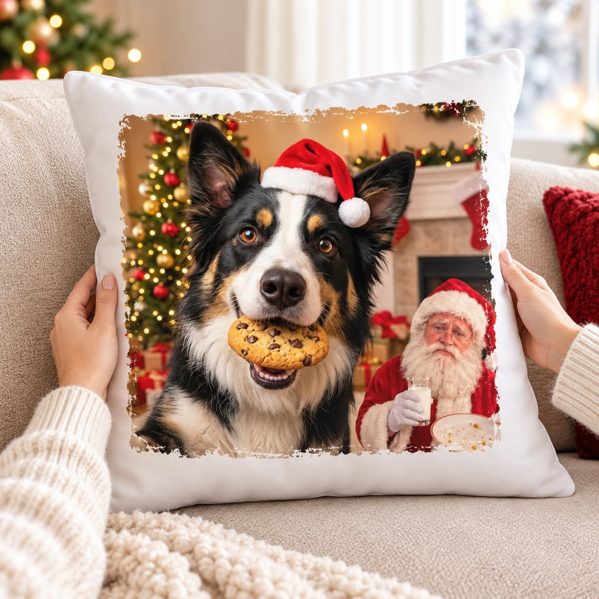 Dog Cat Steal Cookie From Santa Upload Pet Photo - Personalized Pillow- Funny Christmas Gift For Dog Lovers, Cat Lovers, Pet Lovers