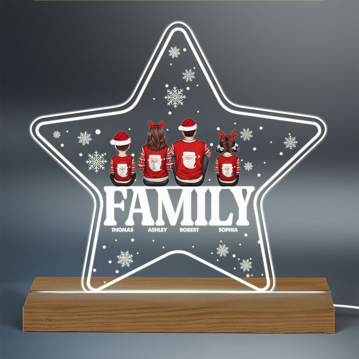 Family Sitting Back View On Text Christmas Personalized Acrylic Custom Shape LED Night Light