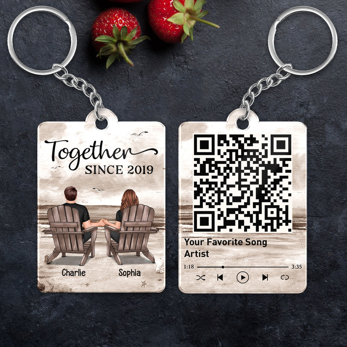 Retro Vintage Back View Couple Sitting Beach Landscape Favorite Song Scannable QR Code Personalized Acrylic Keychain
