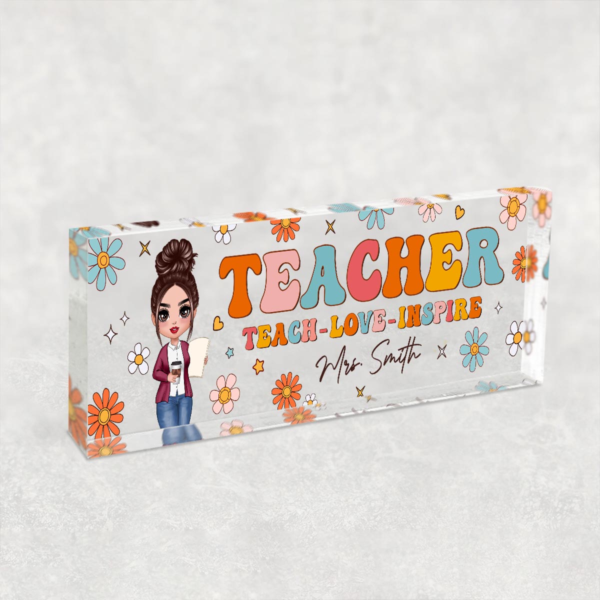 Teacher Groovy Flower Personalized Acrylic Desk Name Plate, Gift For Teacher, Office Decor