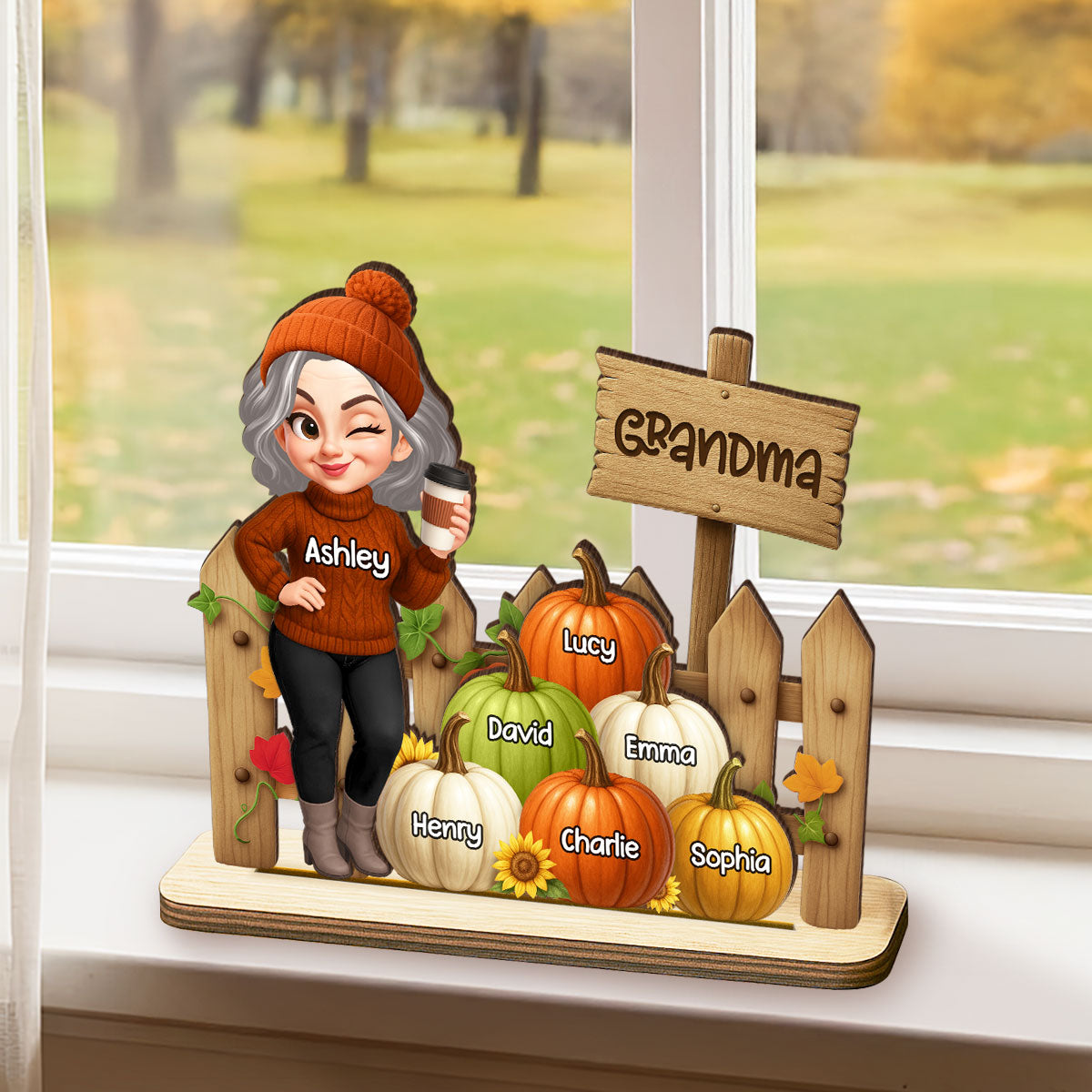 Grandma Fall Season Standing At Fence Pumpkins Personalized Standing Wooden Plaque