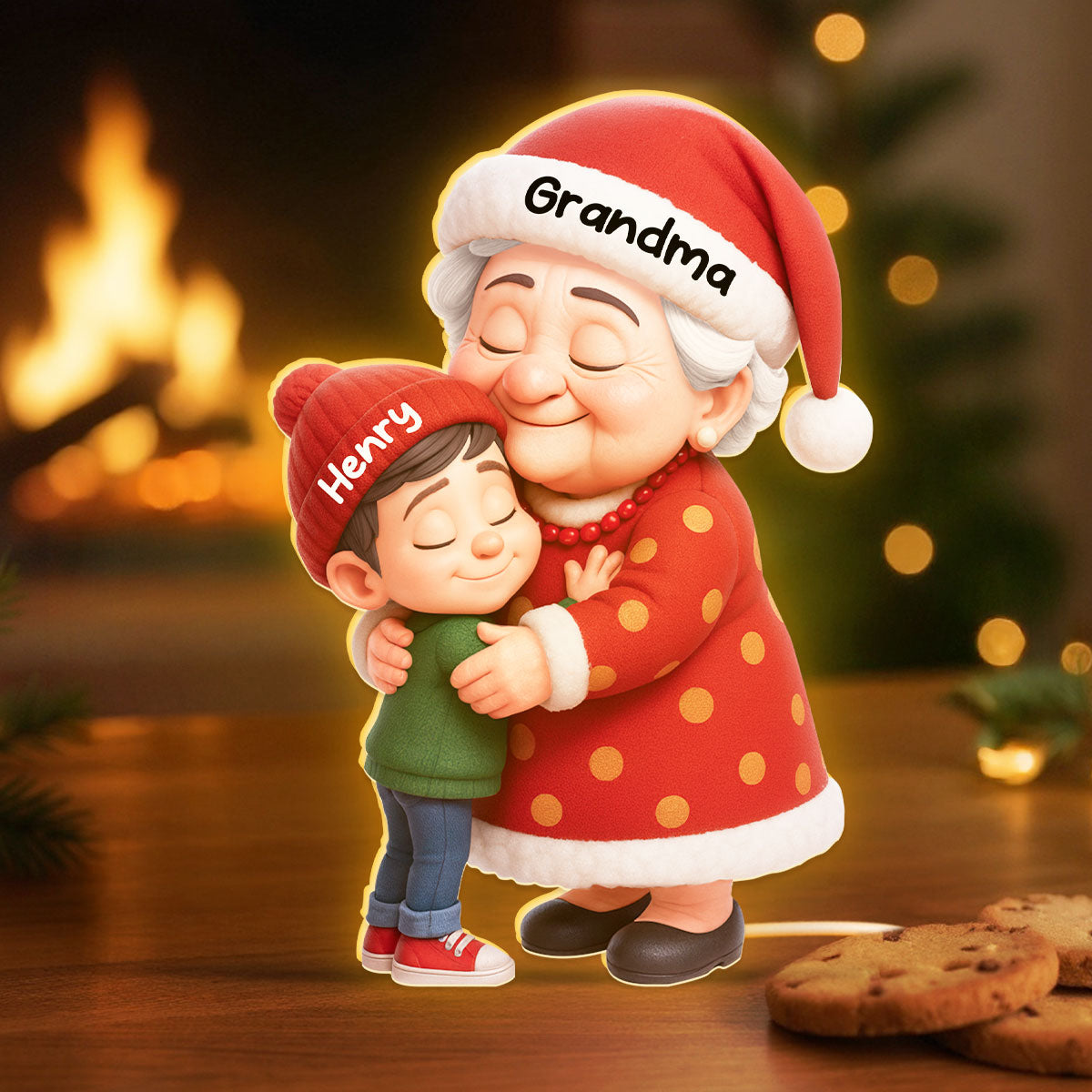 Cute Cartoon Grandma Hugging Grandkid - Personalized Light Box - Christmas Decor, Christmas Gift for Grandma
