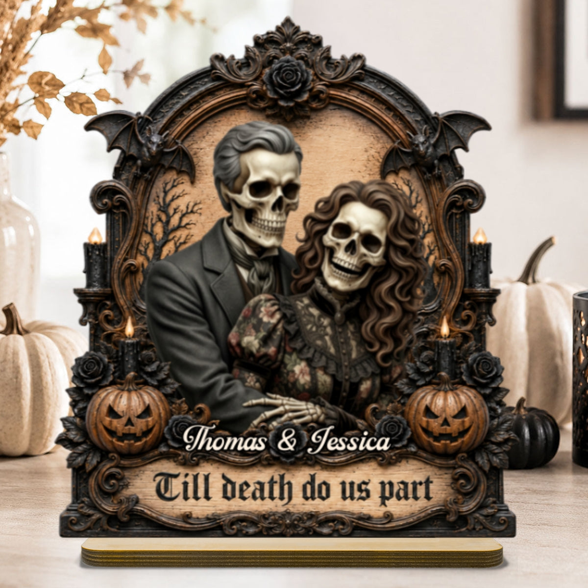 Halloween Custom Photo Skeleton Couple - Personalized 2-Layered Wooden Plaque - Halloween Gift For Couple