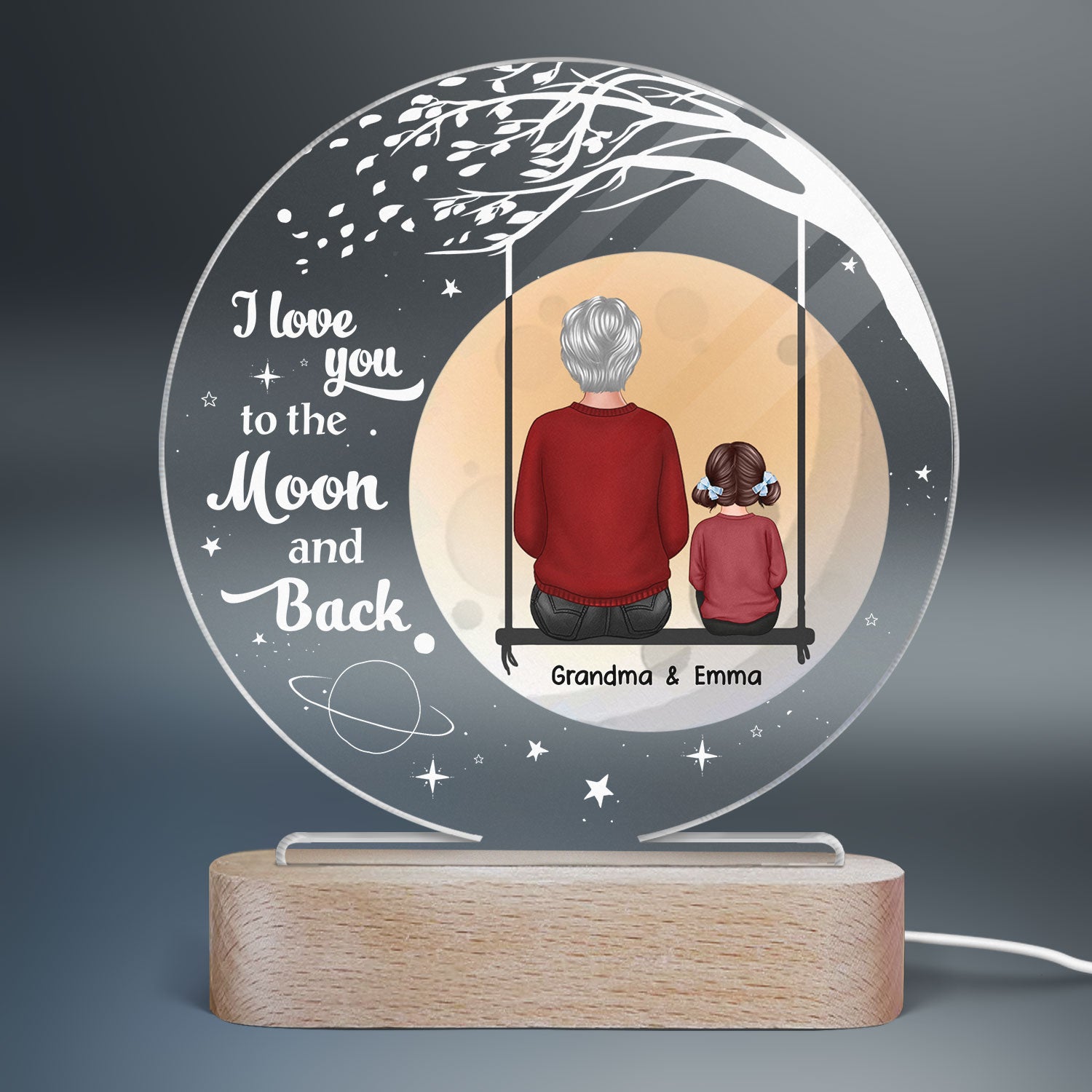 Grandma Grandkid On Swing Big Moon Personalized Circle Acrylic Plaque With LED Night Light