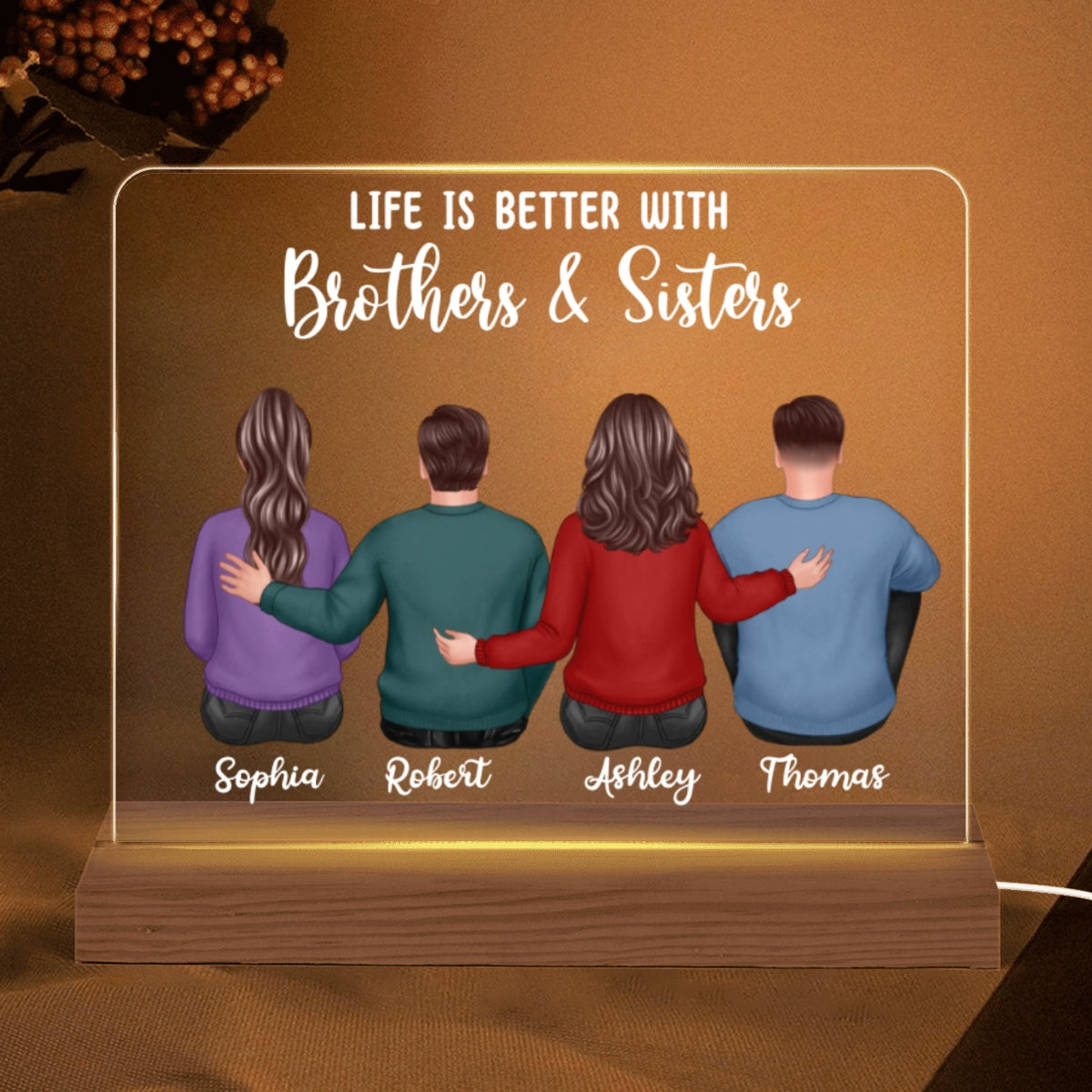 Back View Like Is Better With Brothers Sisters Personalized Custom Shape Acrylic Plaque LED Night Light