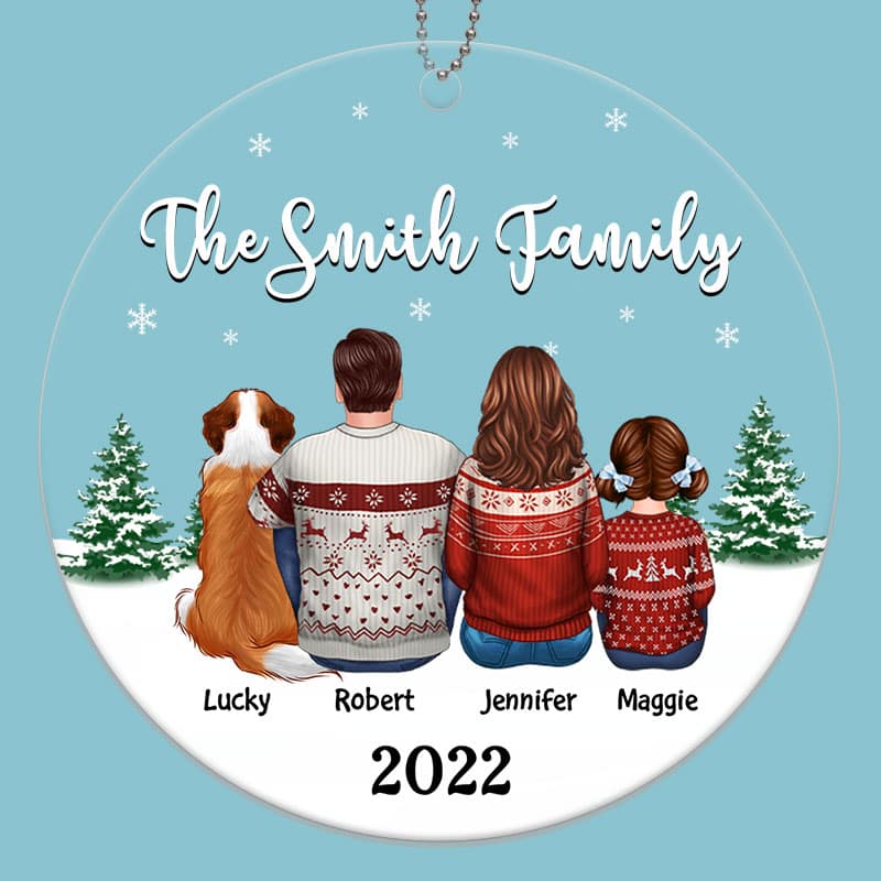 Christmas Family Dad Mom Kids Dogs Cats Circle Shape Personalized Acrylic Ornament