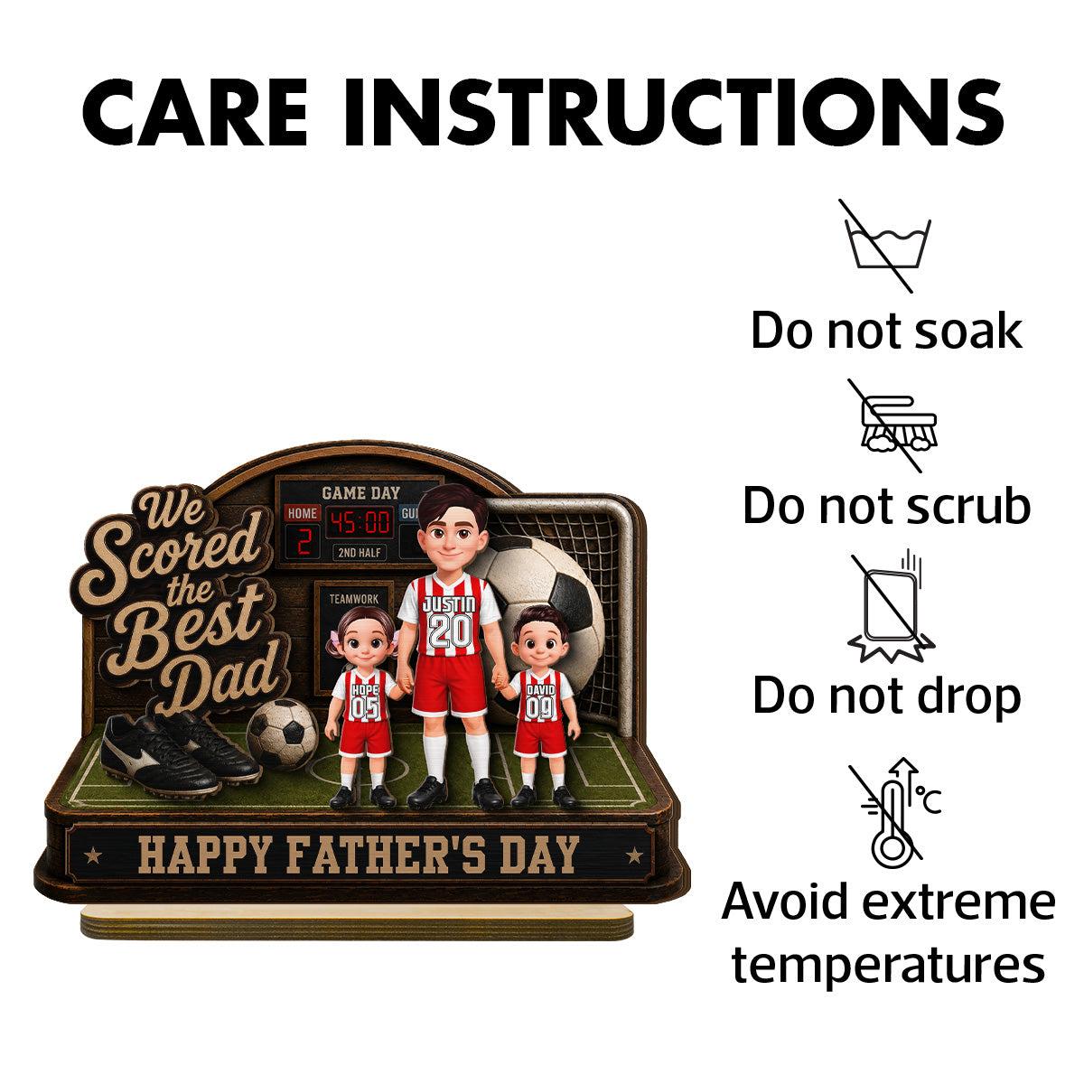 Soccer Dad & Kids On Court 2D Flat - Personalized 2-Layered Wooden Plaque - Father's Day Gift For Soccer Dad, UK Football Dad
