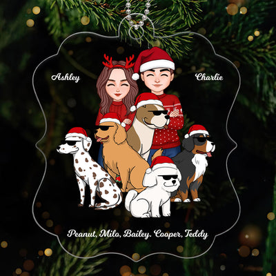 Cool Couple Standing With Funny Dogs Cartoon Personalized Acrylic Ornament