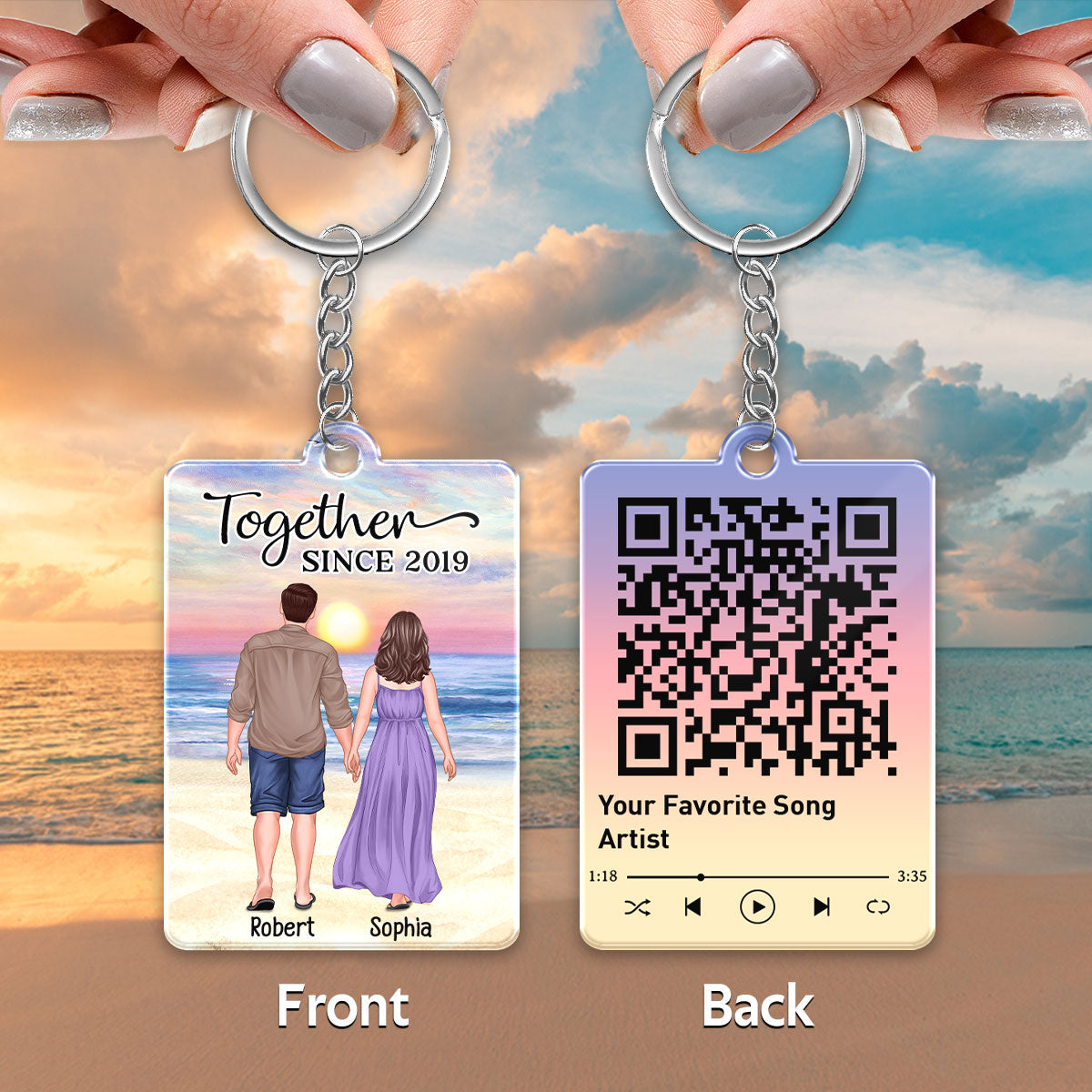 Back View Couple Walking At Beach Favorite Song QR Code Personalized Acrylic Keychain