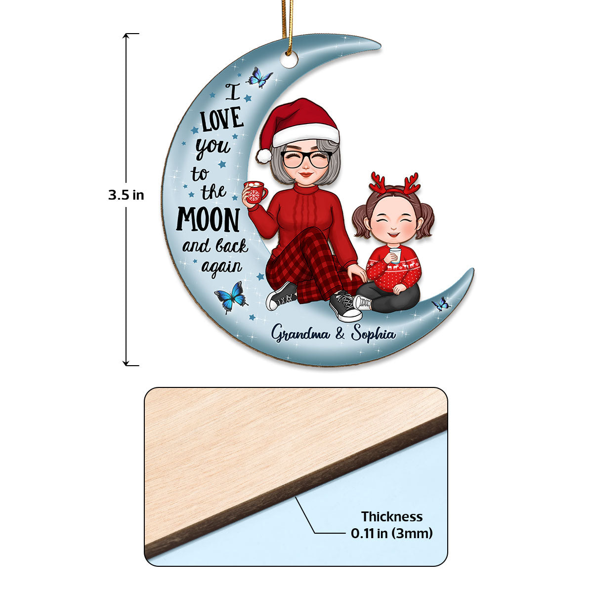 Cute Grandma & Grandkid On Blue Moon Christmas Gift Personalized Wooden Ornament