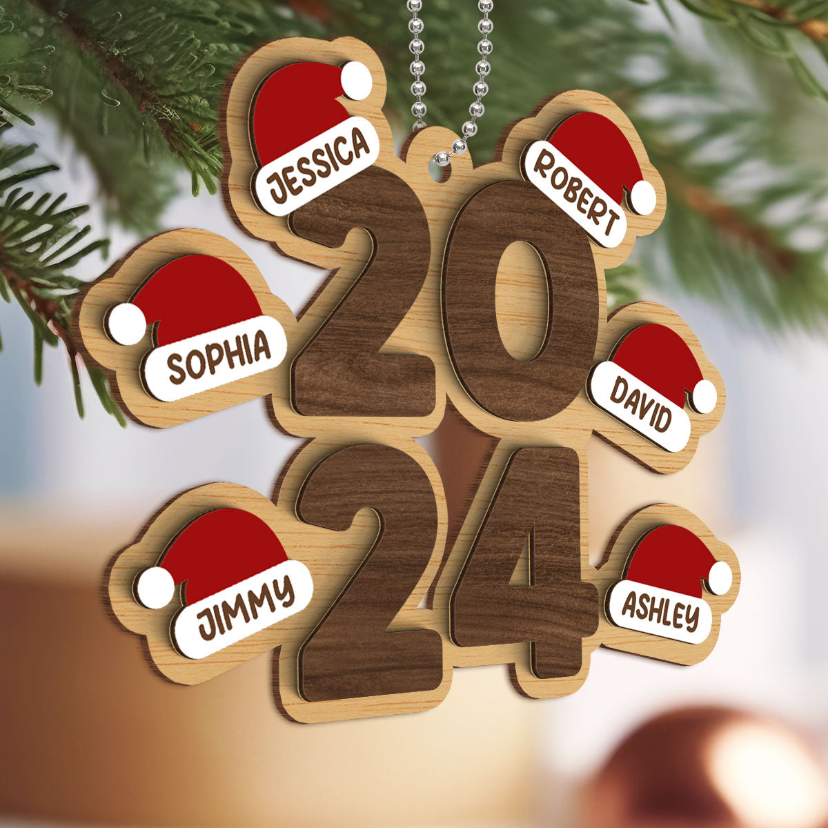 Family Stacked 2024 Santa Hats Personalized 2-Layer Wooden Ornament, Christmas Gift