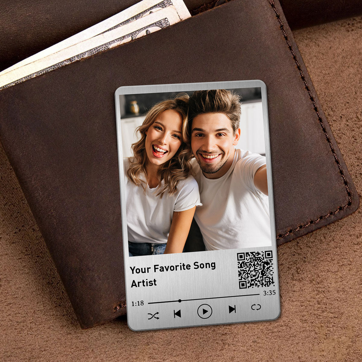 Family Couple Custom Photo Favorite Song Scannable QR Code Personalized Metal Wallet Card