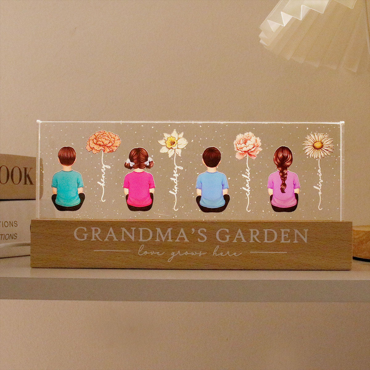 Vintage Birth Month Flowers Grandma's Garden - Personalized Acrylic Block Plaque LED Night Light - Gift for Mom, Gift for Grandma, Gift for Wife