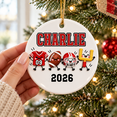 Football Things 2D Flat - Personalized Ceramic Ornament – Custom Name Football Christmas Keepsake Gift for Player, Son, Daughter, Teen