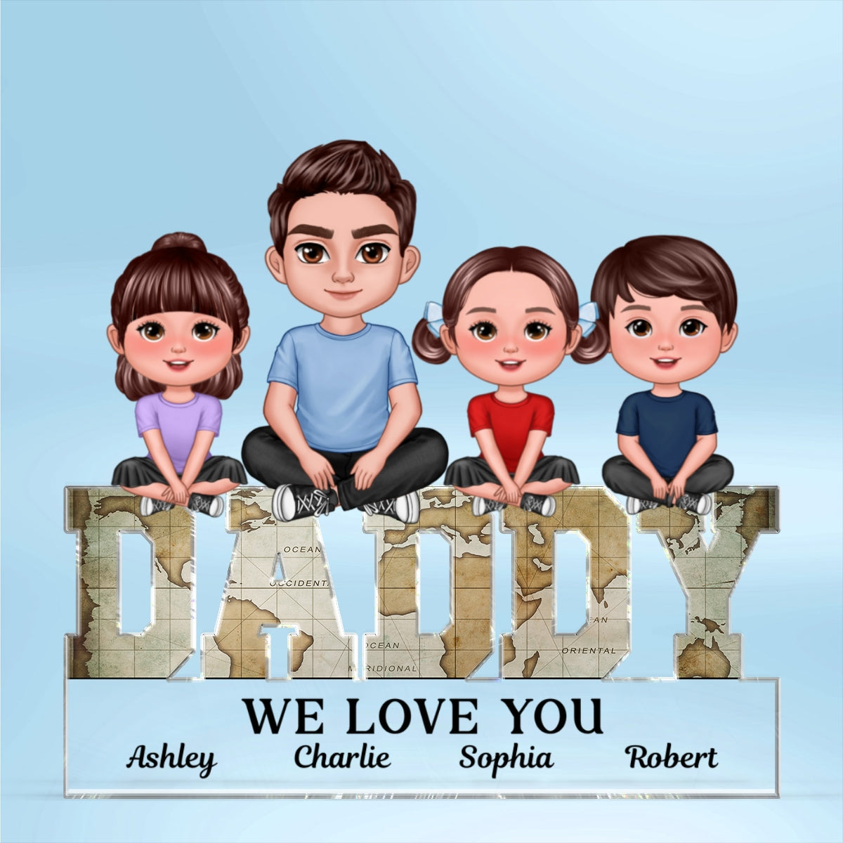 Daddy We Love You Dad & Kids Sitting On Word Personalized Acrylic Block Plaque