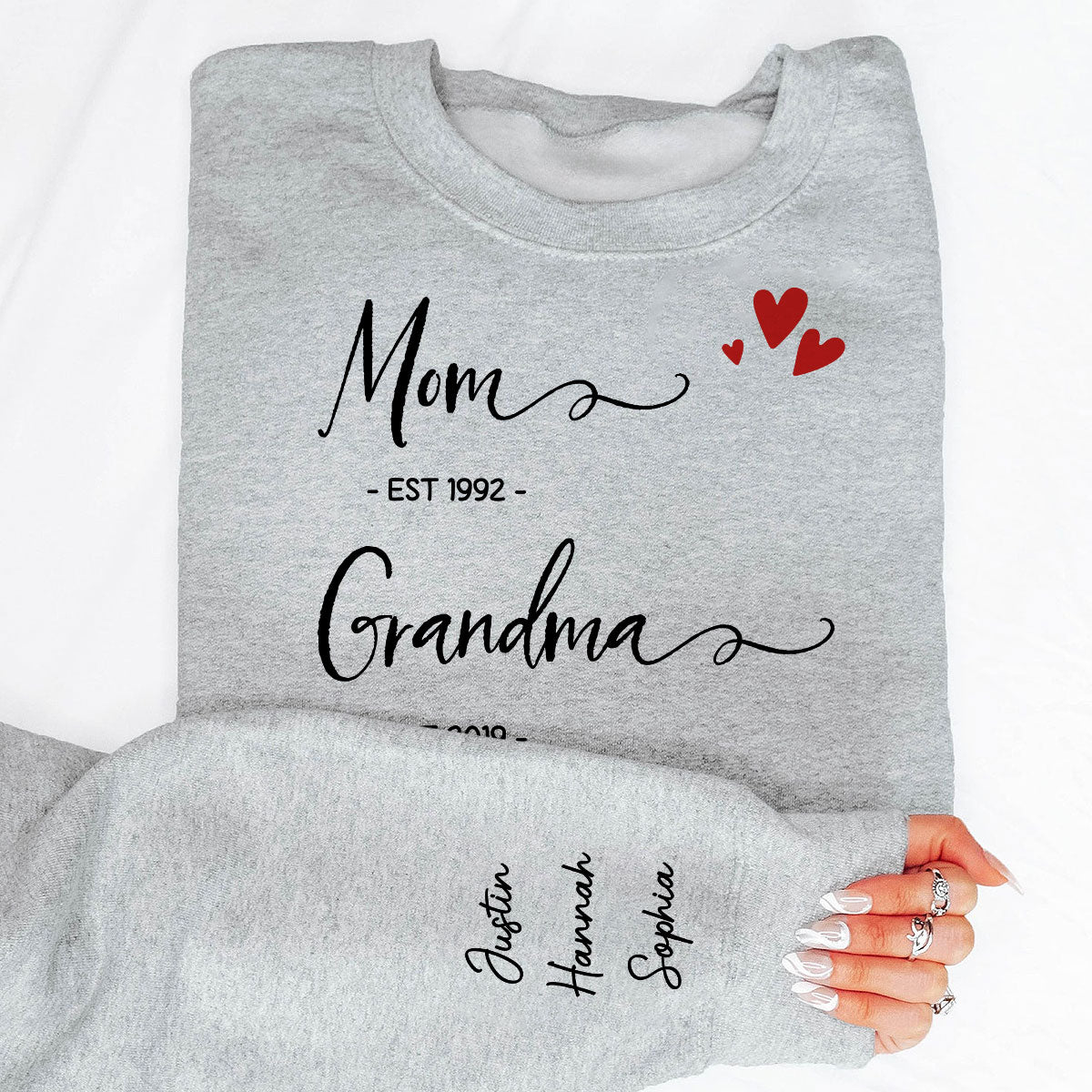 Mom Grandma Est Date, Gift, Personalized Sleeve Printed Sweatshirt