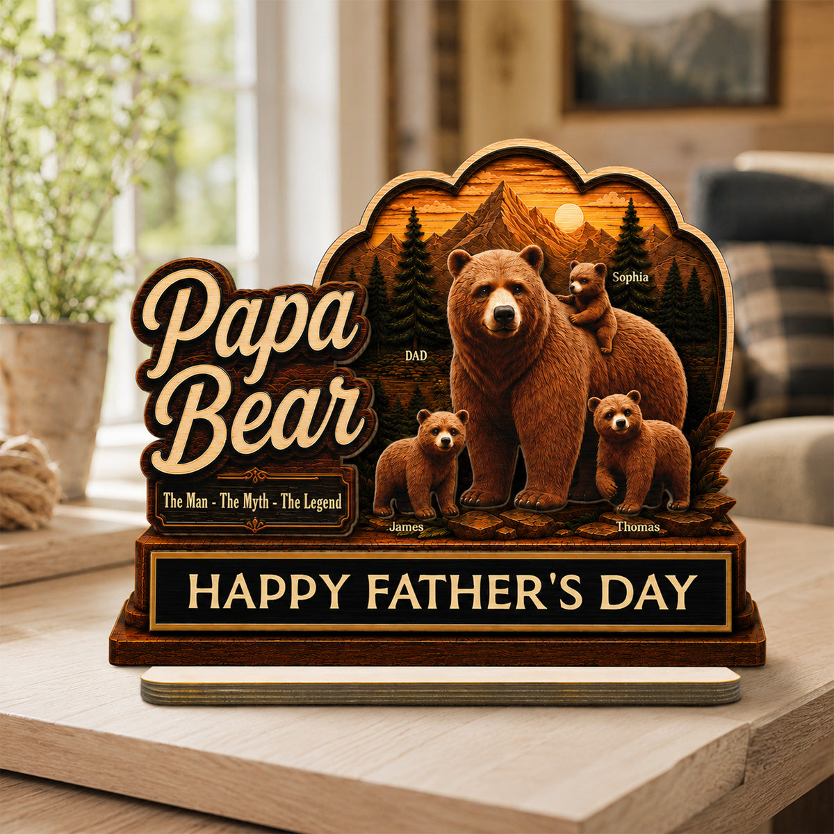 Papa Bear The Man The Myth The Legend 2D Flat - Personalized 2-Layered Wooden Plaque - Father's Day Gift For Husband, Dad