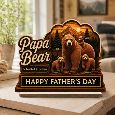 Papa Bear The Man The Myth The Legend 2D Flat - Personalized 2-Layered Wooden Plaque - Father's Day Gift For Husband, Dad