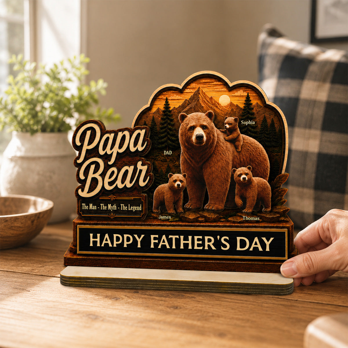 Papa Bear The Man The Myth The Legend 2D Flat - Personalized 2-Layered Wooden Plaque - Father's Day Gift For Husband, Dad