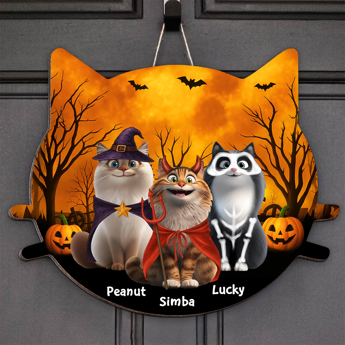 Halloween Cat Face Shaped Personalized Wooden Door Sign, Halloween Decor for Cat Lovers, Cat Moms, Cat Dads