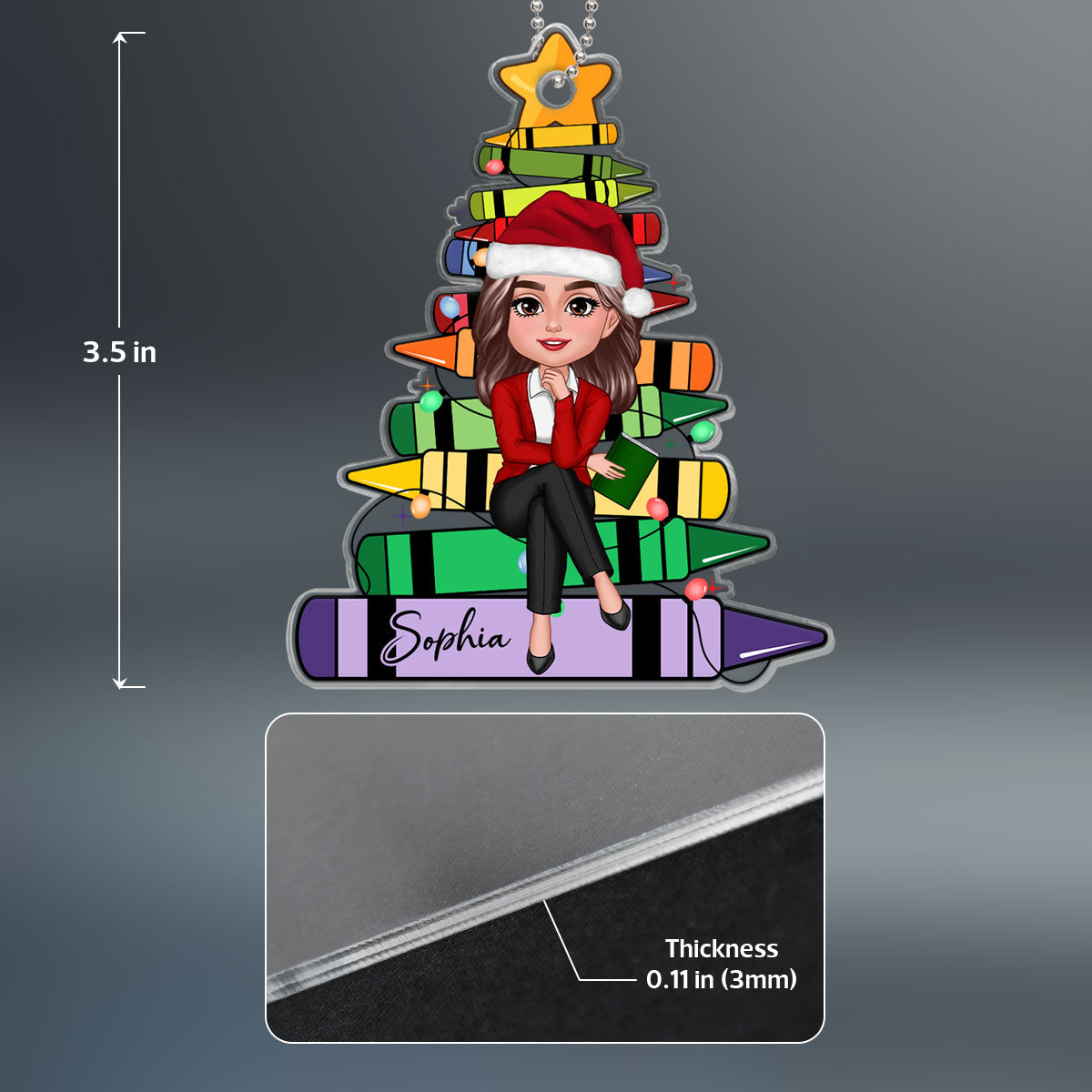 Crayon Christmas Tree Teacher Sitting Personalized Acrylic Ornament