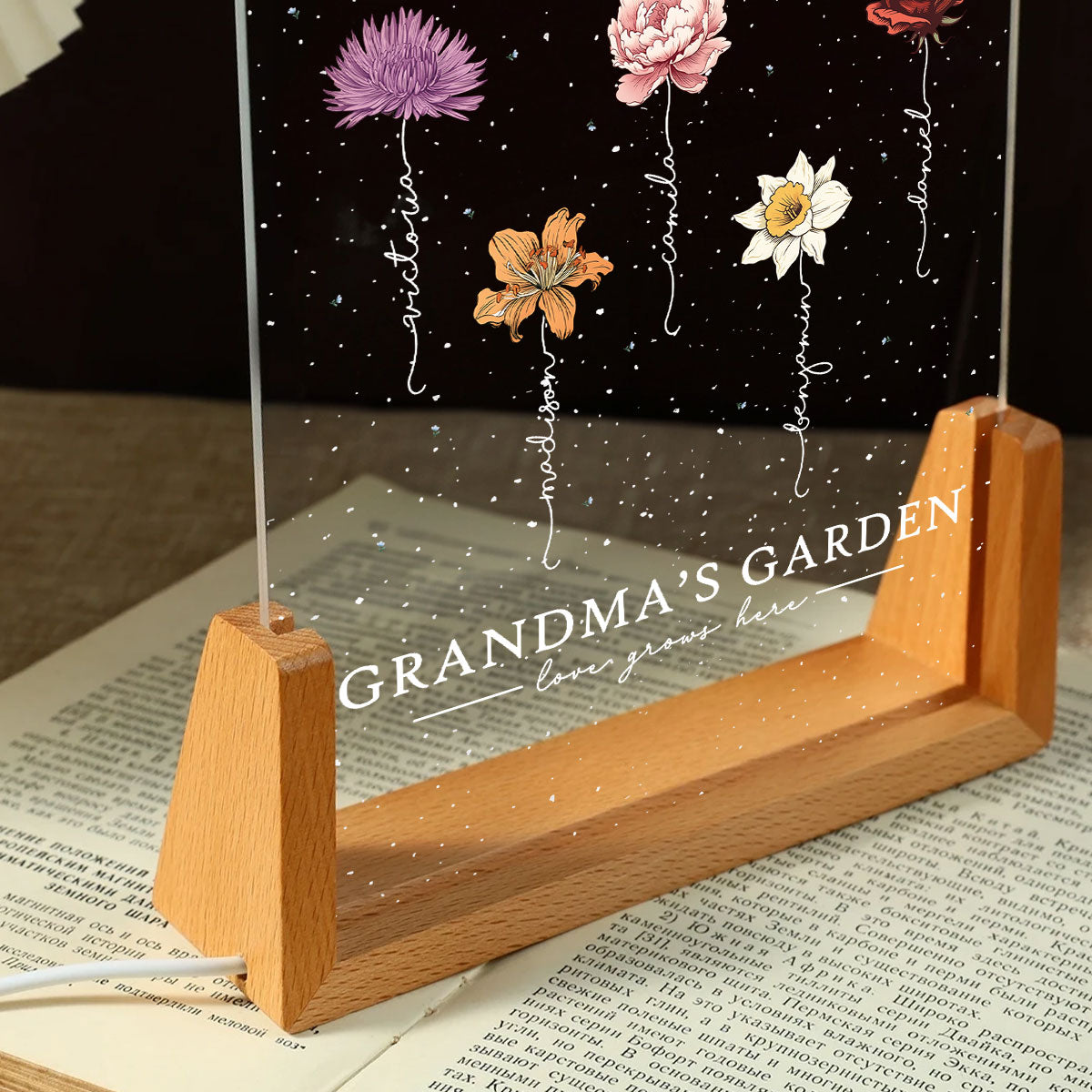 Grandma's Garden Love Grows Here Birthmonth Flowers Personalized U-Base Acrylic LED Night Light, Grandkids Names Floral Gift