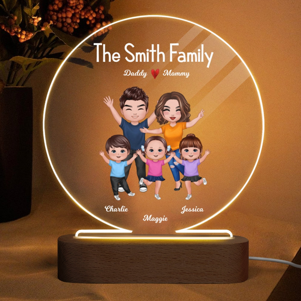Happy Whole Family Doll Couple Dad Mom Kids Dogs Cats Personalized Circle Acrylic Plaque LED Night Light
