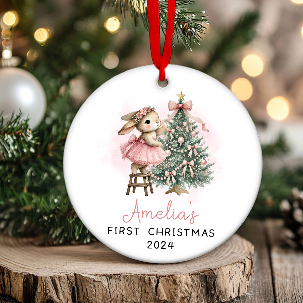 Baby's First Christmas Rabbit Personalized Circle Ceramic Ornament, Baby Girl Name Baby Shower Gift Keepsake