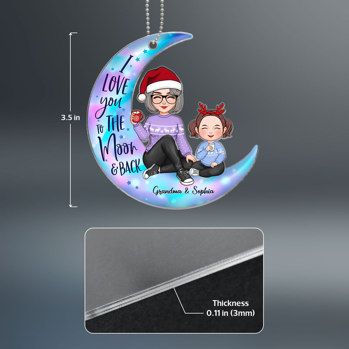 Colorful Cute Grandma & Grandkid On Moon Christmas Gift For Granddaughter Grandson Personalized Acrylic Ornament