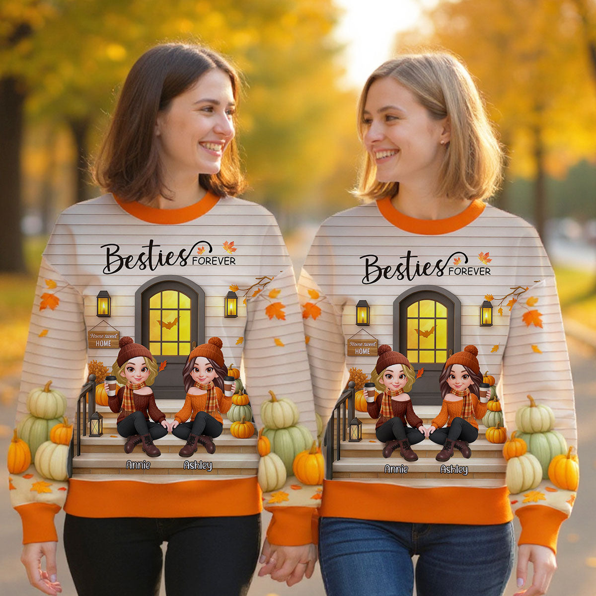 Fall Season Best Friends Sisters Front Porch Personalized 3D Sweatshirt