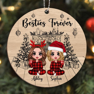 Christmas Outline Background Doll Besties Sisters Personalized Wooden Ornament