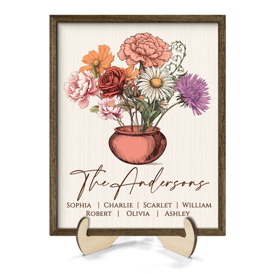 Family Vintage Birth Flowers Bouquet Home Decor Personalized 2-Layer Wooden Plaque