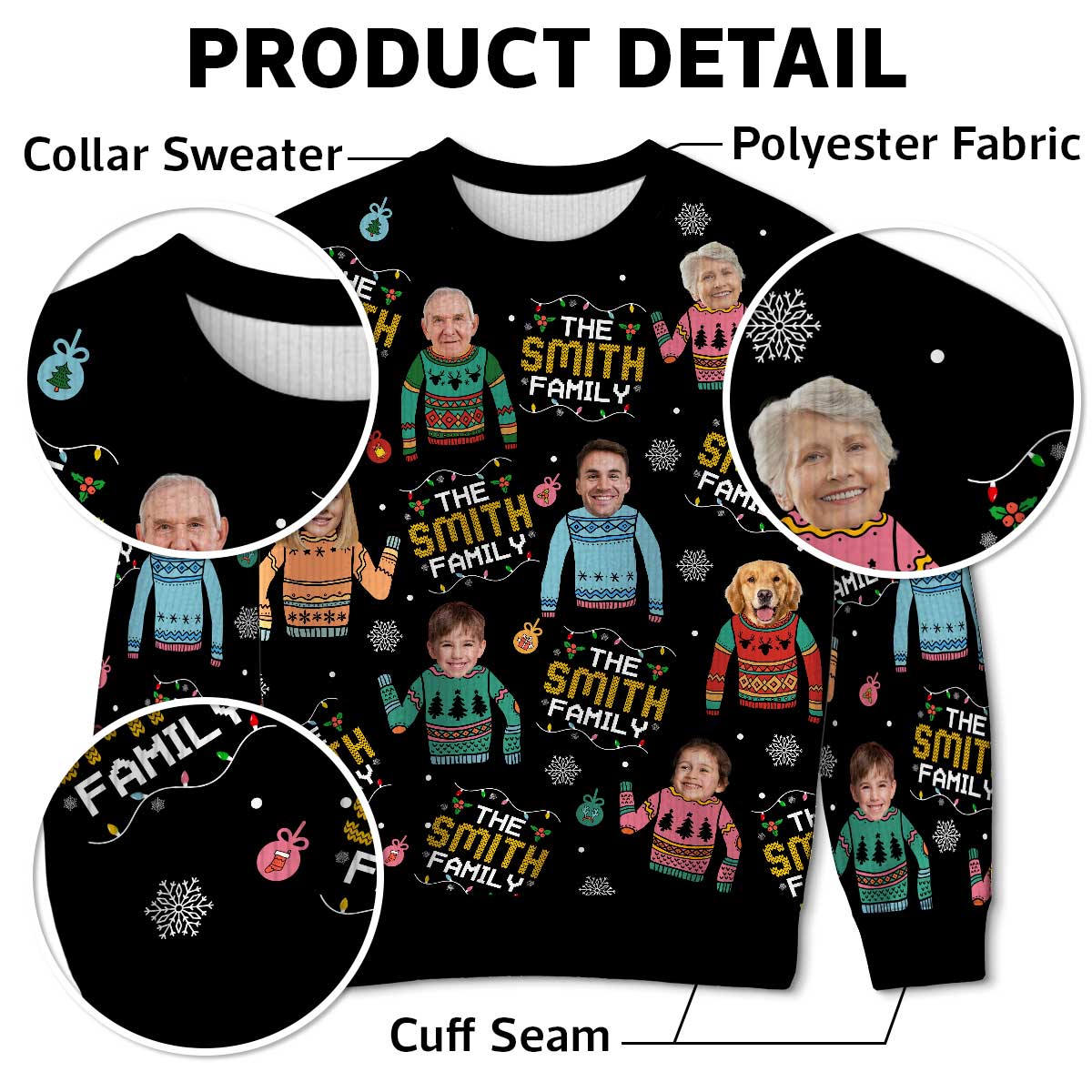 Family Photo Upload Funny Christmas Personalized Faux Knit Ugly Sweater