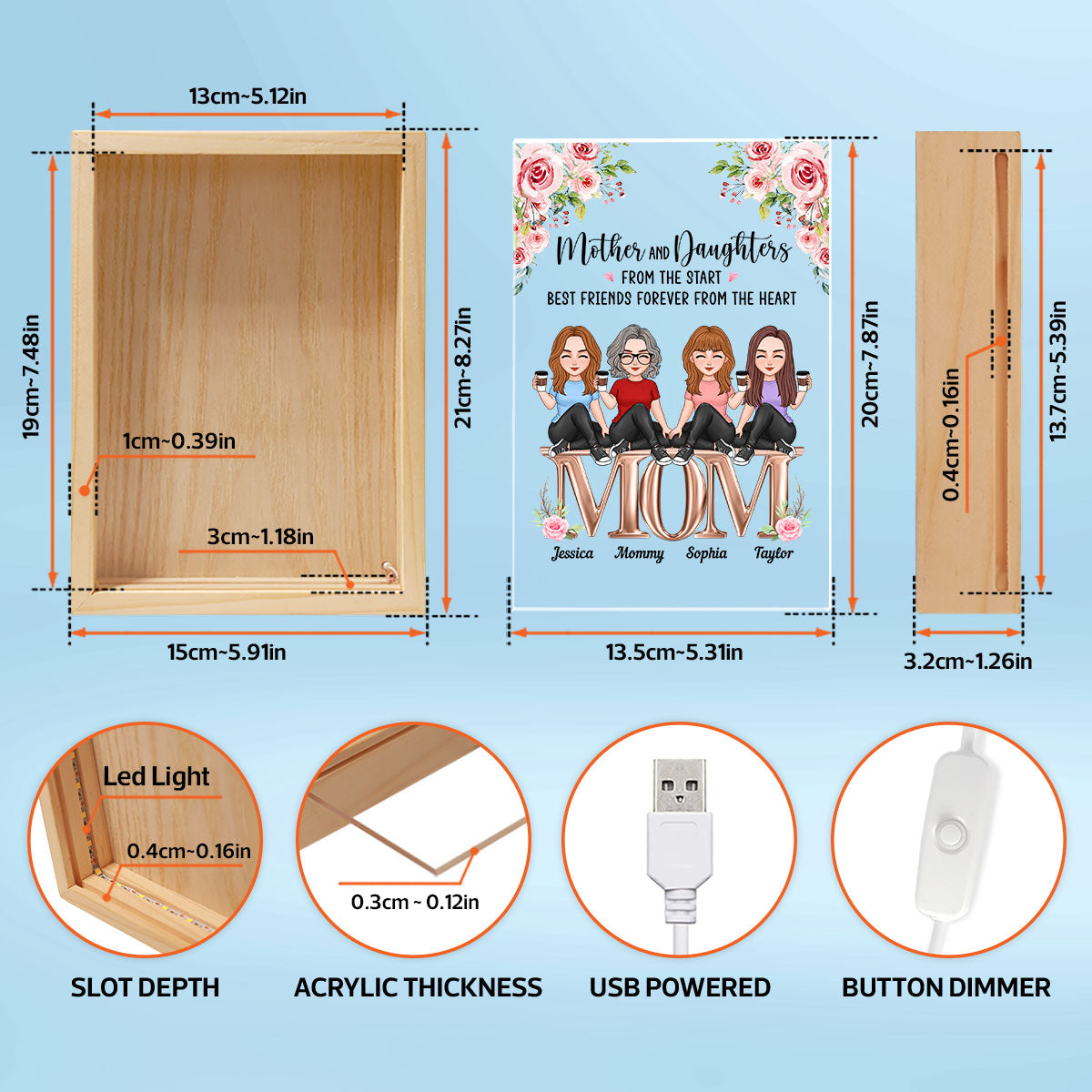 Mother And Daughters Best Friends Forever Personalized Wooden Frame Light Box