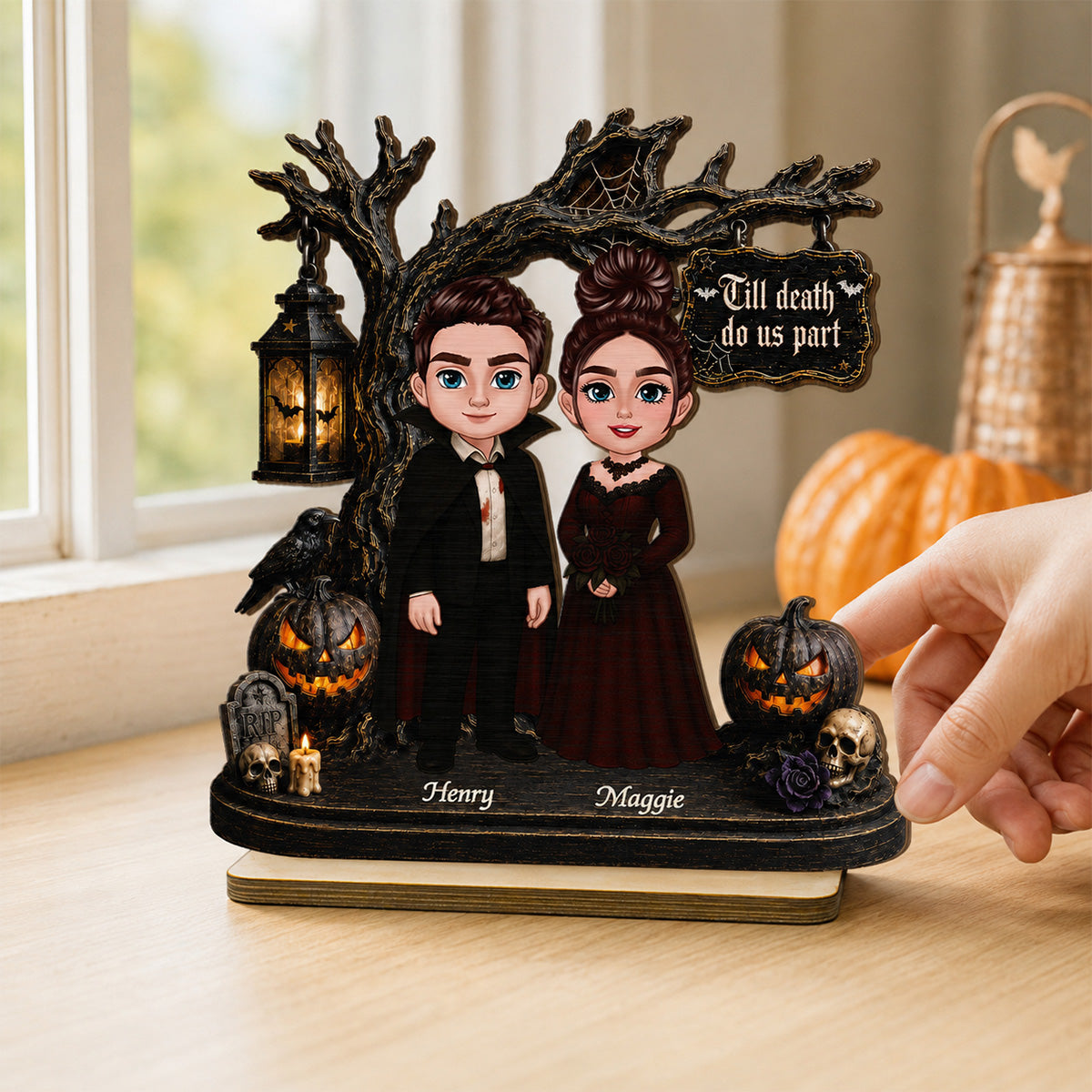 Couple Standing Under Spooky Halloween Tree 2D Flat - Personalized 2-Layer Wooden Plaque - Tabletop Tier Tray Wicca Pagan Decor