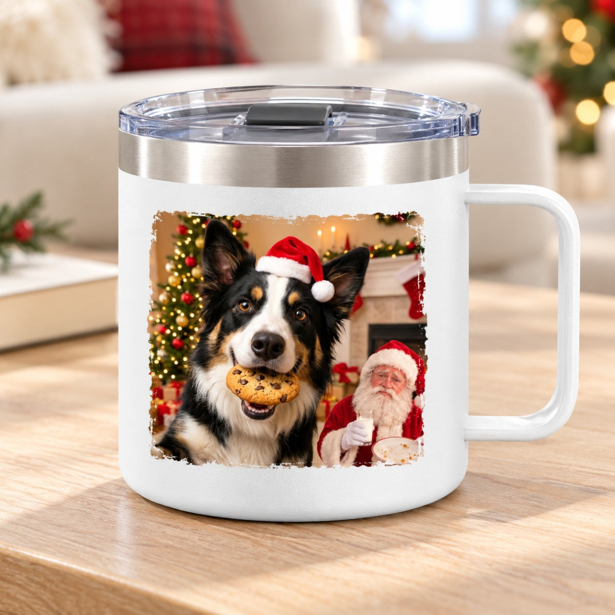 Dog Cat Steal Cookie From Santa Upload Pet Photo - Personalized Stainless Steel Tumbler With Handle - Funny Christmas Gift For Dog Lovers, Cat Lovers, Pet Lovers