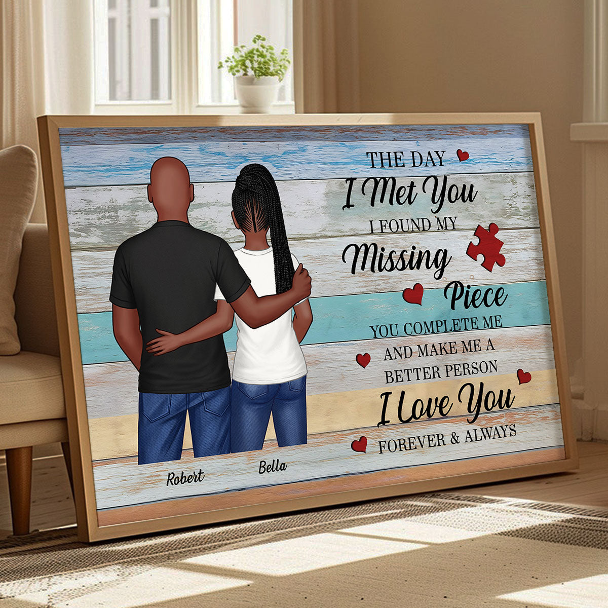 Couple Standing Back View Colorful Wood Pallets Personalized Poster