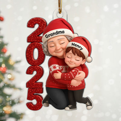 3D Crystal Effect 2025 Grandma Hugging Grandkids - Personalized Acrylic Ornament - Gift for Grandma, Grandkids