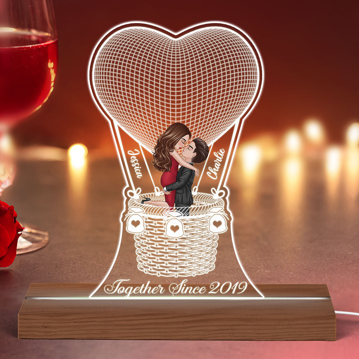 Couple Kissing In Hot Balloon Together Since Personalized Custom Shape Acrylic Plaque With LED Night Light